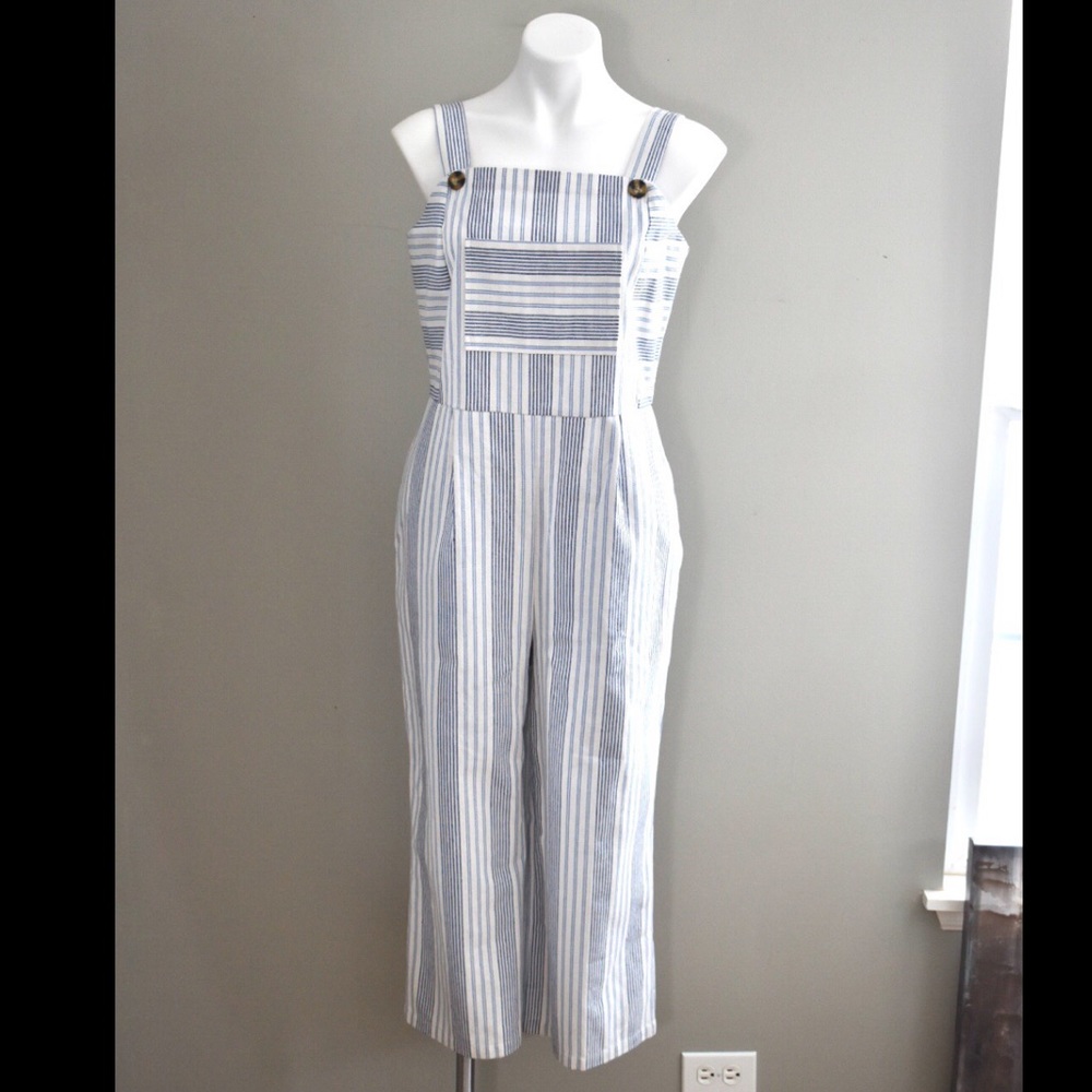 Robert Louis Striped Linen Blend Wide Leg Jumpsuit Button Shoulder Summer
